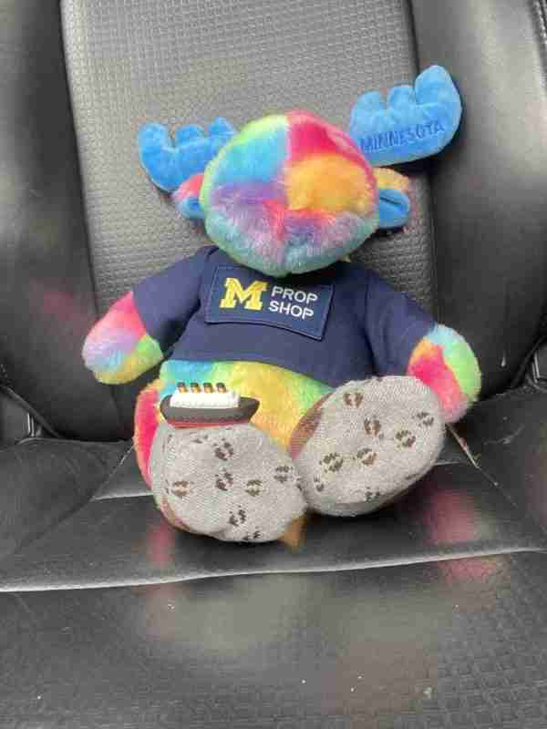 A picture of a rainbow-colored stuffed moose in a UM Prop Shop t-shirt, sitting in the seat of a car
